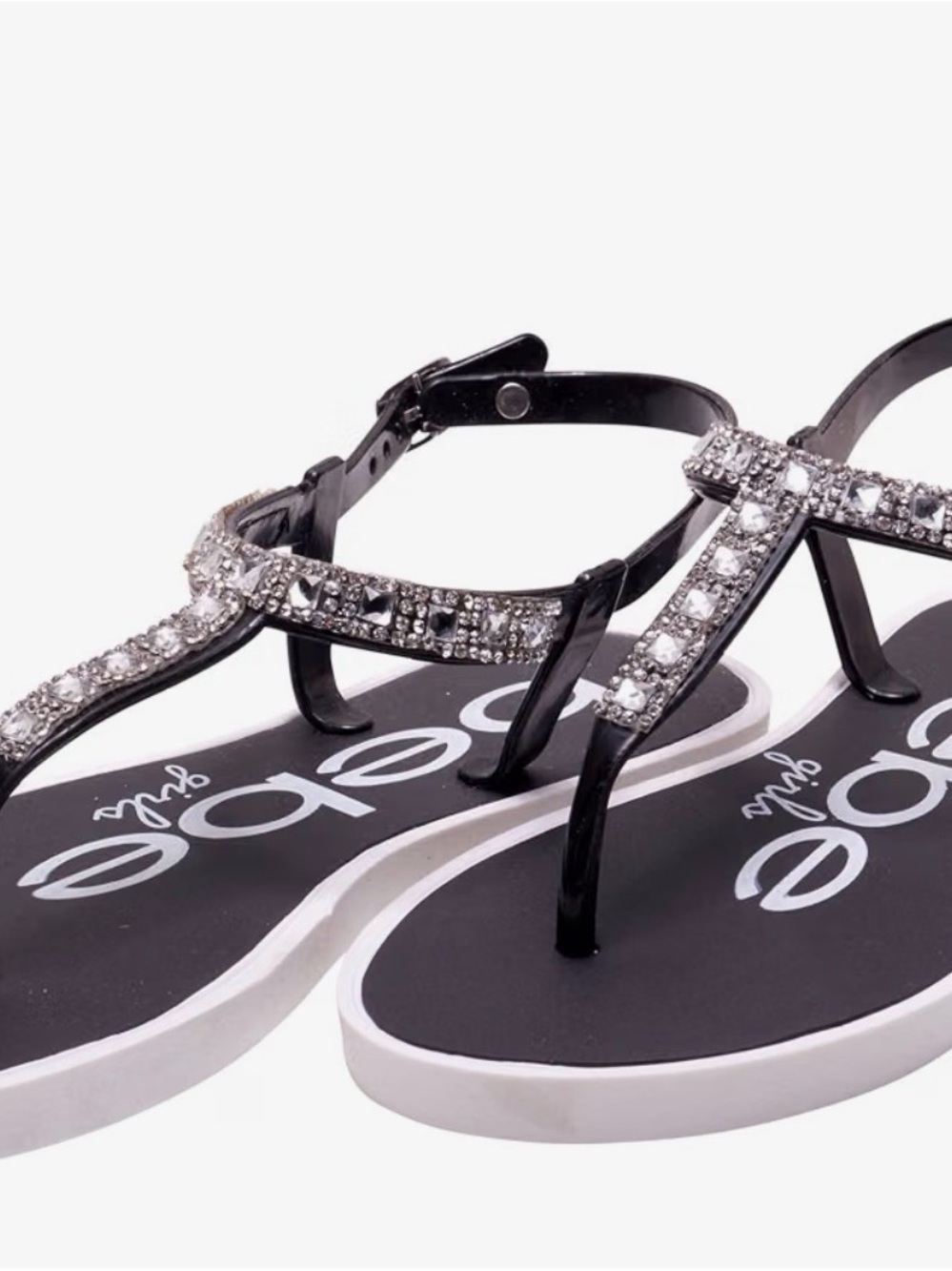 NWT Bebe Black Jeweled T-Strap Sandals with White Trim